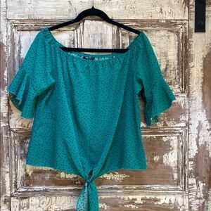 SHEIN Green Polka Dot Off The Shoulder Tie Front Top